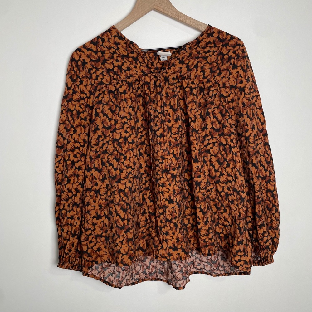 Floral Peasant Blouse Womens XXL Orange Tie Neck Fall Earthy Boho Whimsical